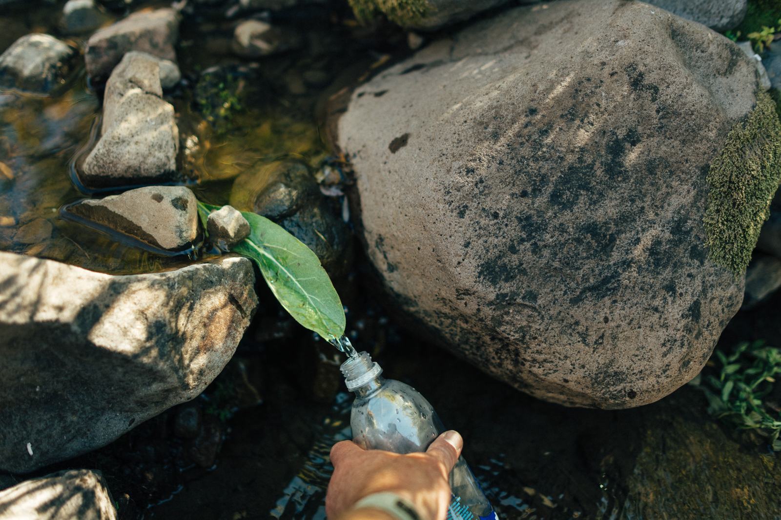 A hand holds a clear bottle beneath a green leaf wedged between rocks, with water visible at its tip.
